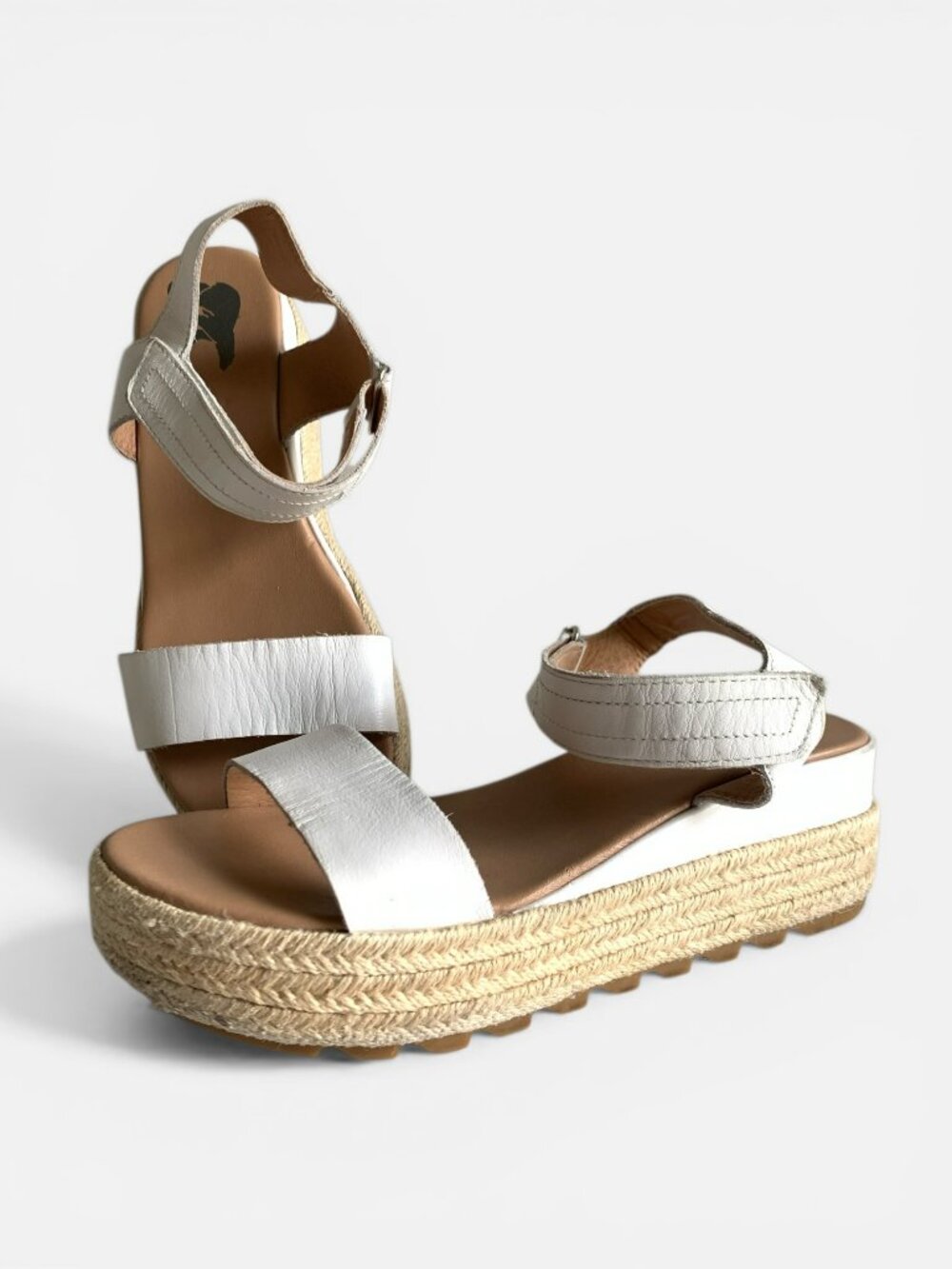 Sorel Cameron Platform Espadrille Sandals White Leather Ankle Strap Size 8